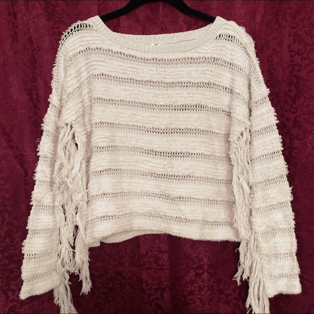 Boho White Tasseled Sweater Size Small